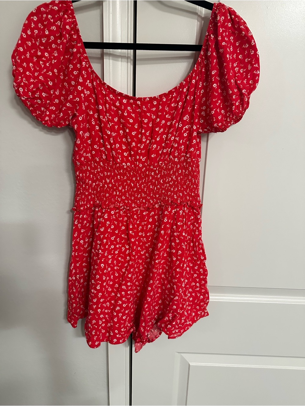 Altar'd State Red Floral Puff-Sleeve Romper Shorts